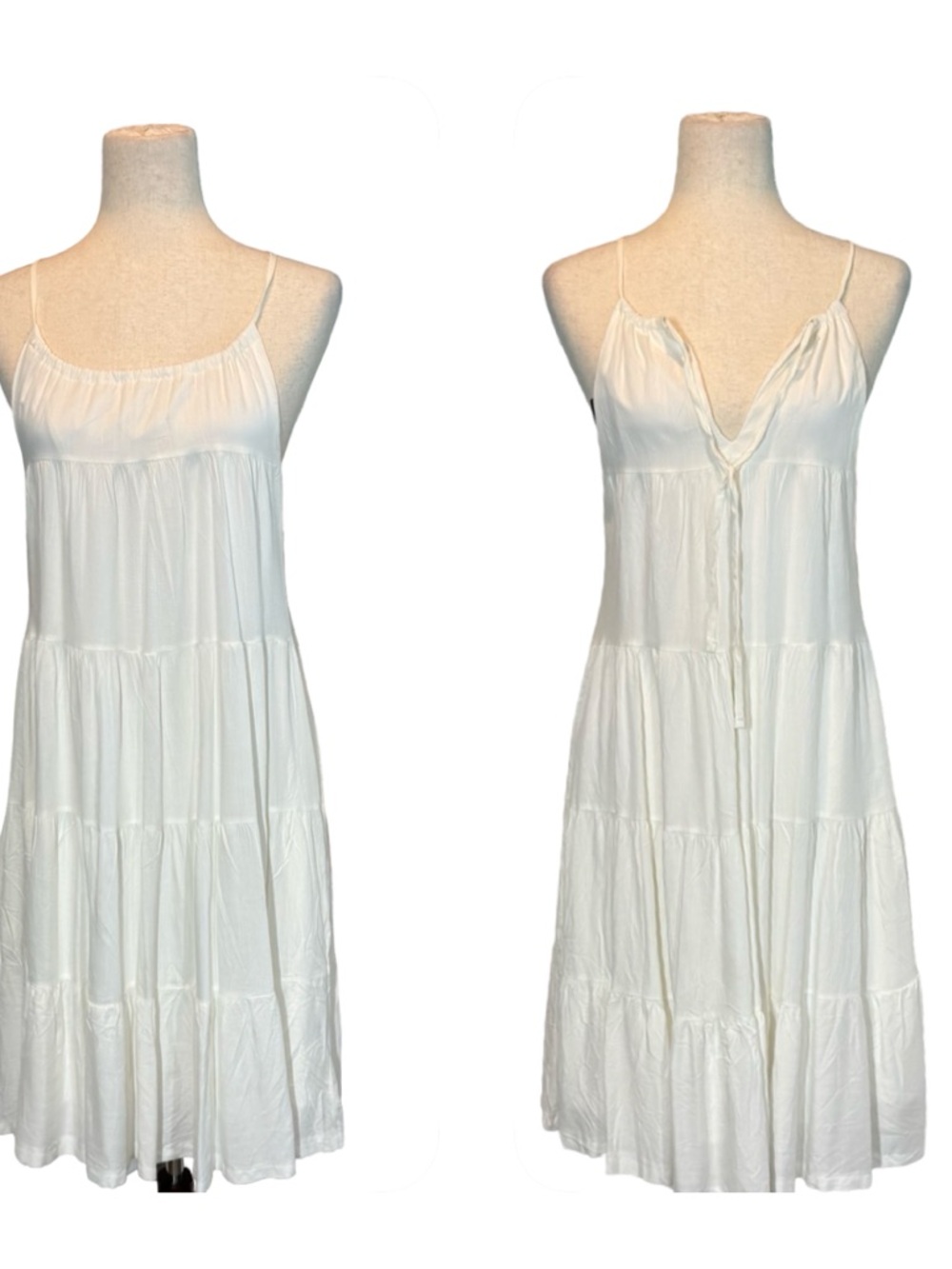 Sleeveless Cream Tiered Midi Dress Linen Blend Tie Neck Cottage-core SZ M